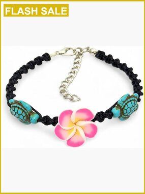 Hemp Bracelet or Anklet - Sea Turtle Frangipani Flowers Adjustable